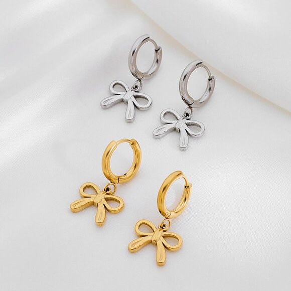 Gold Bow Hoop Earrings Delicate 14K Gold Plated Silver Jewelry for Women - Picture 5 of 8